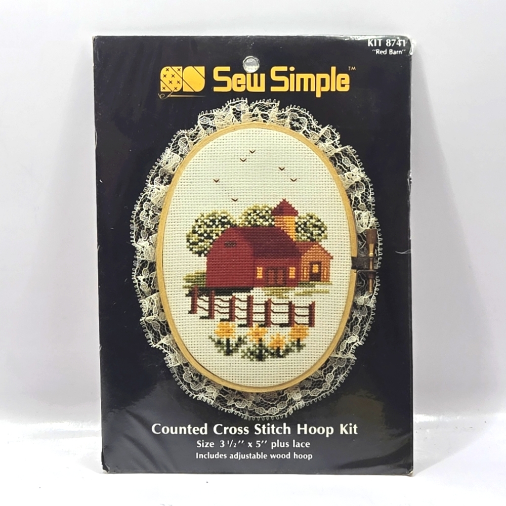 VTG Sew Simple Red Barn  Home Counted Cross Stitch Hoop Kit 3.5" x 5" New ‘87